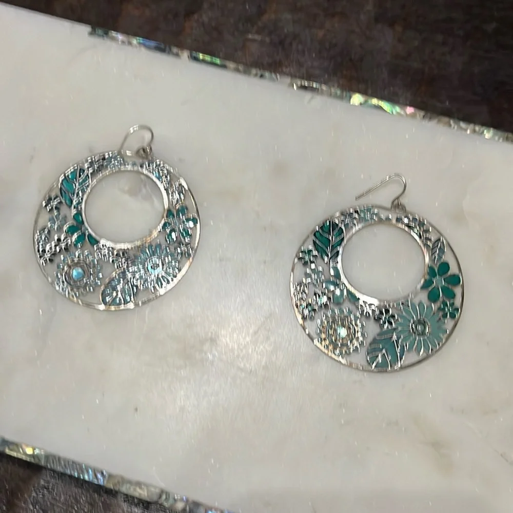 Sage green and dark green floral hoop silver pierced earrings  2”